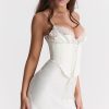 Sexy Club Lace Up Belt V Neck Lace Satin Slip Mini Dress - White