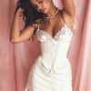 Sexy Club Lace Up Belt V Neck Lace Satin Slip Mini Dress - White