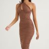 Sexy Cutout One Shoulder Ruched Bodycon Mesh Corset Midi Dress - Brown
