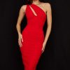 Sexy Cutout One Shoulder Ruched Bodycon Mesh Corset Midi Dress - Red