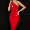 Sexy Cutout One Shoulder Ruched Bodycon Mesh Corset Midi Dress - Red