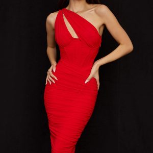 Sexy Cutout One Shoulder Ruched Bodycon Mesh Corset Midi Dress - Red