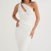 Sexy Cutout One Shoulder Ruched Bodycon Mesh Corset Midi Dress - White