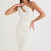 Sexy Cutout One Shoulder Ruched Bodycon Mesh Corset Midi Dress - White