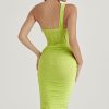 Sexy Cutout One Shoulder Ruched Bodycon Mesh Corset Midi Dress - Yellow