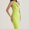 Sexy Cutout One Shoulder Ruched Bodycon Mesh Corset Midi Dress - Yellow