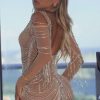 Sexy Deep V Cold Shoulder Sheer Mesh Rhinestone Fringe Party Mini Dress - Silver