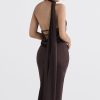 Sexy Draped Backless Wrap Halter Tie Satin Midi Dress - Chocolate