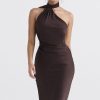 Sexy Draped Backless Wrap Halter Tie Satin Midi Dress - Chocolate