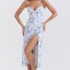 Sexy Eyelash Sweetheart Spaghetti Strap High Split Summer Floral Midi Sundress - Blue