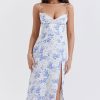 Sexy Eyelash Sweetheart Spaghetti Strap High Split Summer Floral Midi Sundress - Blue