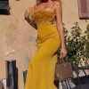 Sexy Feather Trim Square Neck Spaghetti Strap Fishtail Cocktail Midi Dress - Yellow