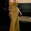Sexy Feather Trim Square Neck Spaghetti Strap Fishtail Cocktail Midi Dress - Yellow