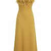 Sexy Feather Trim Square Neck Spaghetti Strap Fishtail Cocktail Midi Dress - Yellow