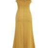 Sexy Feather Trim Square Neck Spaghetti Strap Fishtail Cocktail Midi Dress - Yellow