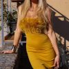 Sexy Feather Trim Square Neck Spaghetti Strap Fishtail Cocktail Midi Dress - Yellow