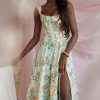 Sexy Floral Printed Lace Up Back High Split Corset Mini Sundress - Green