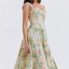 Sexy Floral Printed Lace Up Back High Split Corset Mini Sundress - Green