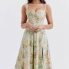 Sexy Floral Printed Lace Up Back High Split Corset Mini Sundress - Green