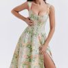Sexy Floral Printed Lace Up Back High Split Corset Mini Sundress - Green