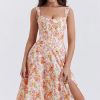 Sexy Floral Printed Lace Up Back High Split Corset Mini Sundress - Orange