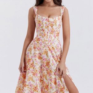 Sexy Floral Printed Lace Up Back High Split Corset Mini Sundress - Orange