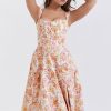 Sexy Floral Printed Lace Up Back High Split Corset Mini Sundress - Orange