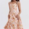 Sexy Floral Printed Lace Up Back High Split Corset Mini Sundress - Orange