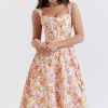 Sexy Floral Printed Lace Up Back High Split Corset Mini Sundress - Orange