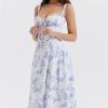 Sexy Floral Tie Front Lace Up Back Fit & Flare Split Midi Sundress - Blue