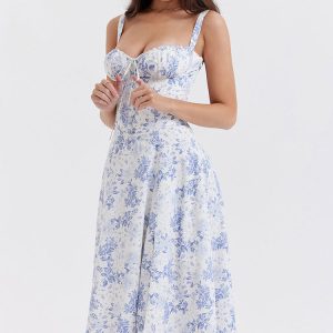 Sexy Floral Tie Front Lace Up Back Fit & Flare Split Midi Sundress - Blue