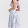 Sexy Floral Tie Front Lace Up Back Fit & Flare Split Midi Sundress - Blue