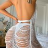 Sexy Halter Deep V Ladder Distressed Backless Semi Sheer Mini Dress - White
