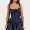 Sexy Lace Square Neck Tie Front Lace Up Back Drop Waist Mini Sundress - Navy