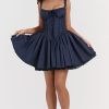 Sexy Lace Square Neck Tie Front Lace Up Back Drop Waist Mini Sundress - Navy