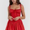 Sexy Lace Square Neck Tie Front Lace Up Back Drop Waist Mini Sundress - Red