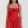 Sexy Lace Square Neck Tie Front Lace Up Back Drop Waist Mini Sundress - Red