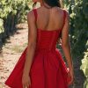 Sexy Lace Square Neck Tie Front Lace Up Back Drop Waist Mini Sundress - Red