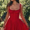 Sexy Lace Square Neck Tie Front Lace Up Back Drop Waist Mini Sundress - Red
