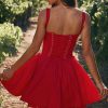 Sexy Lace Square Neck Tie Front Lace Up Back Drop Waist Mini Sundress - Red