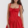 Sexy Lace Square Neck Tie Front Lace Up Back Drop Waist Mini Sundress - Red