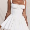Sexy Lace Square Neck Tie Front Lace Up Back Drop Waist Mini Sundress - White