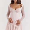 Sexy Lace Sweetheart Long Sleeve Drop Waist Corset Party Mini Dress - Pink