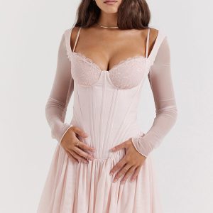 Sexy Lace Sweetheart Long Sleeve Drop Waist Corset Party Mini Dress - Pink