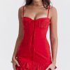 Sexy Lace Trim Sweetheart Neck Button Trim Fitted Slip Mini Sundress - Red