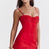 Sexy Lace Trim Sweetheart Neck Button Trim Fitted Slip Mini Sundress - Red