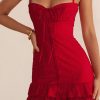 Sexy Lace Trim Sweetheart Neck Button Trim Fitted Slip Mini Sundress - Red