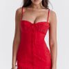 Sexy Lace Trim Sweetheart Neck Button Trim Fitted Slip Mini Sundress - Red