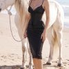 Sexy Party Lace Up Belt V Neck Lace Satin Slip Midi Dress - Black