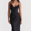 Sexy Party Lace Up Belt V Neck Lace Satin Slip Midi Dress - Black
